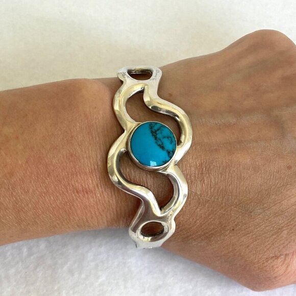 Taxco Sterling Silver Mexico Sandcast Turquoise Modernist Hinged Bangle Bracelet - Picture 1 of 16